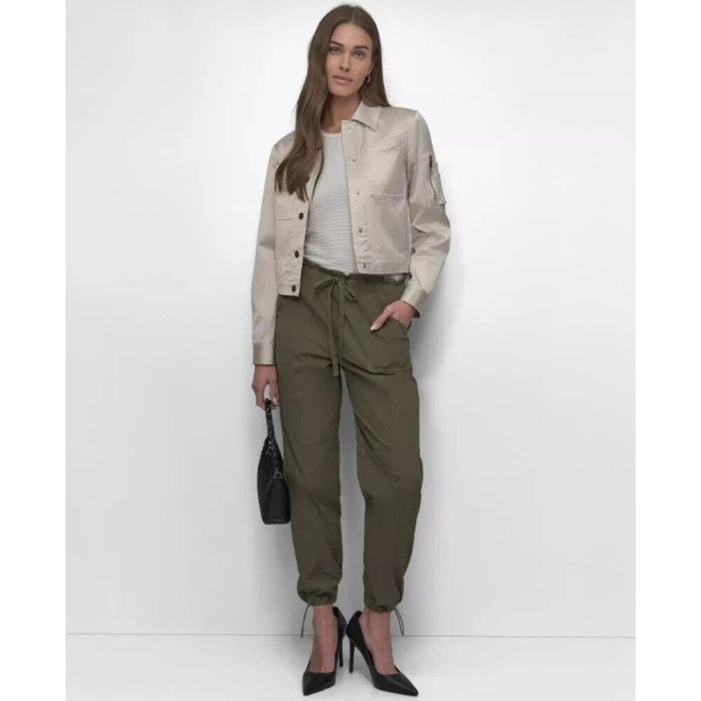 DKNY Women's Tie Front Straight Leg Cargo Pants Bungee Utility Green M - Picture 3 of 10